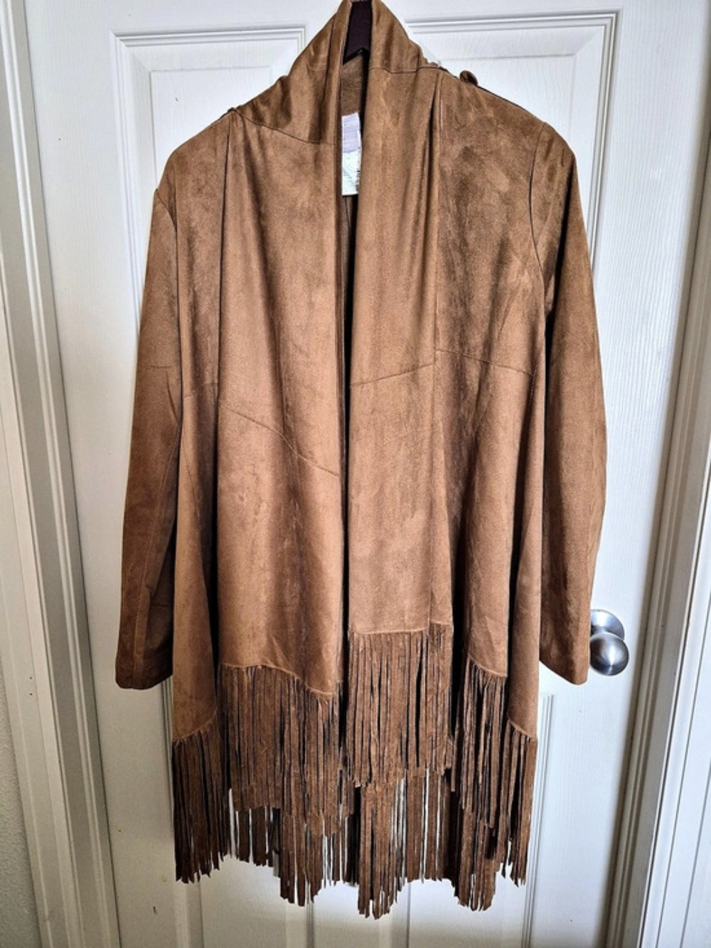 Size 1 Chico's Faux Suede Fringe Wrap Jacket Brown.
